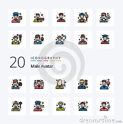 20 Male Avatar Line Filled Color icon Pack like avatar soldier fencing pilot sport Vector Illustration