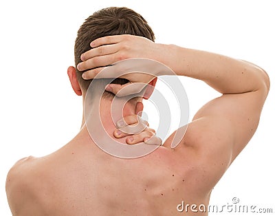 Male Back Neck Ache Holding with Hands isolated on white - REAL Stock Photo