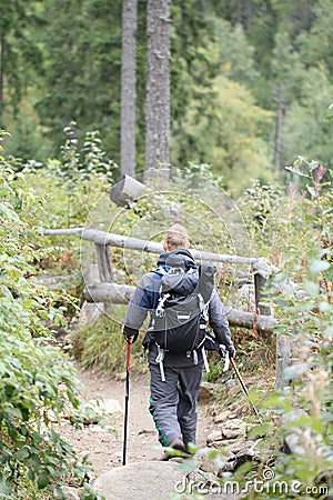 Male backpacker hiking in mountain forest with hike sticks. acti Stock Photo