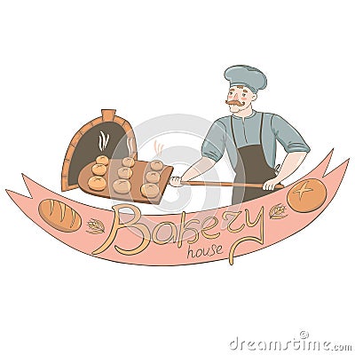 A male baker takes out buns from the oven. Bakery logo isolate on a white background. Vector graphics Stock Photo