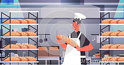 male baker in uniform holding bread bakery products baking manufacture concept portrait Vector Illustration