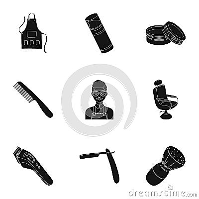 Male barber, symbol, clipper and other equipment for hairdressing.Barbershop set collection icons in black style vector Vector Illustration