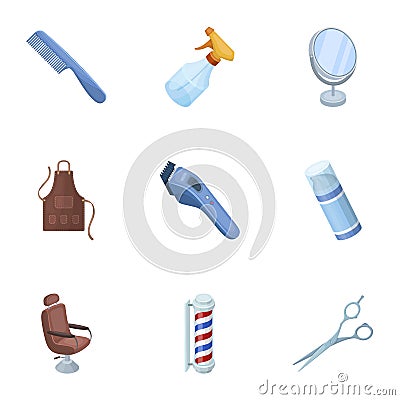 Male barber, symbol, clipper and other equipment for hairdressing.Barbershop set collection icons in cartoon style Vector Illustration