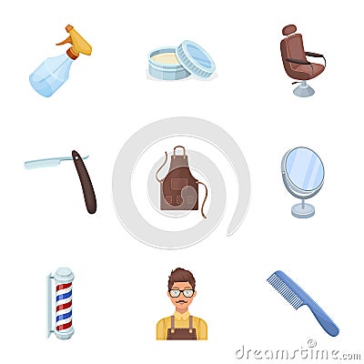 Male barber, symbol, clipper and other equipment for hairdressing.Barbershop set collection icons in cartoon style Vector Illustration