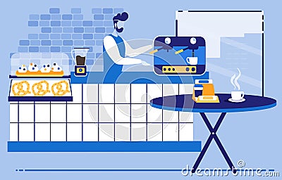 Male Barista Standing Making Coffee Using Machine. Vector Illustration