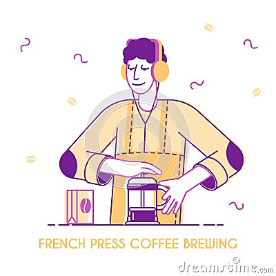 Male Bartender or Hipster Character Make Brewing French Press Coffee Concept. Coffee Shop Poster, Advertising Banner Vector Illustration