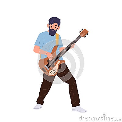 Male bass guitarist rock band cartoon character playing electric guitar musical instrument Vector Illustration