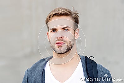 Male beauty standards. Ideal traits that make man physically attractive. Handsome man unshaven face stylish hairstyle Stock Photo