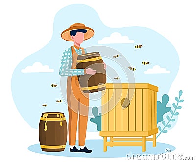 Male beekeeper at the apiary holding barrel with honey Vector Illustration