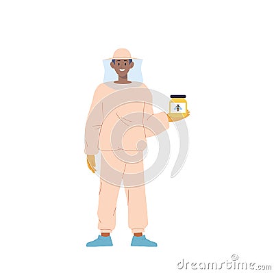 Male beekeeper cartoon character holding glass jar with organic natural honey isolated on white Vector Illustration