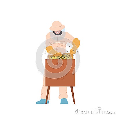 Male beekeeper cartoon character in protective uniform making honey working at apiary farm Vector Illustration