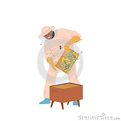 Male beekeeper character in protective hat, overalls and gloves holding frame with honeycombs Vector Illustration