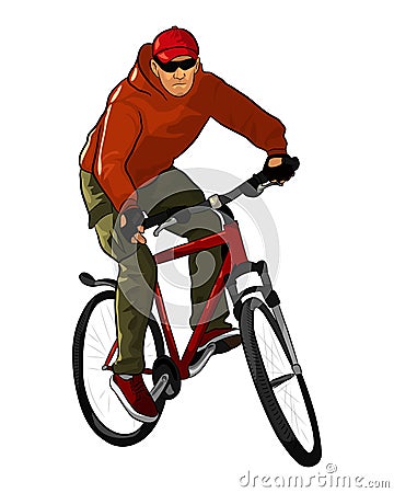 A male bicyclist riding a mountain bicycle against white background. Hand drawing illustration. Vector Illustration