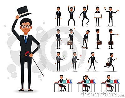 Male Black African Businessman 2D Character Ready to Use Set Wearing Suit Vector Illustration