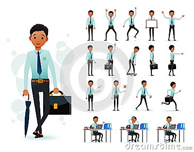 Male Black African Clerk 2D Character Ready to Use Set Wearing Long Sleeve Vector Illustration