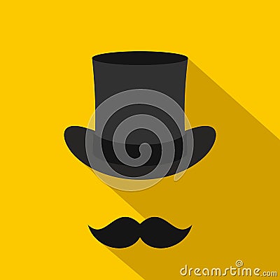 Male black mustache and cylinder icon, flat style Vector Illustration