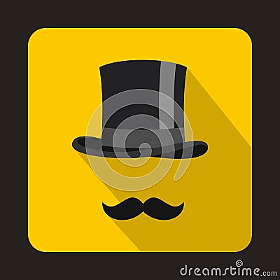 Male black mustache and cylinder icon, flat style Vector Illustration