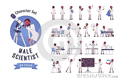 Male black scientist character set. Vector Illustration