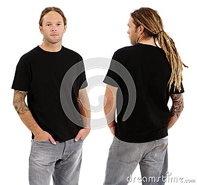 Male with blank black shirt and dreadlocks Stock Photo