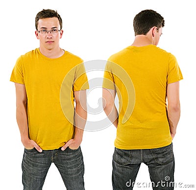 Male with blank yellow shirt and glasses Stock Photo