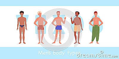 Male body of different type, diversity group of men in underwear or swimsuits standing Vector Illustration