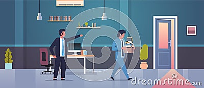 Male boss dismisses pointing finger at door fired man employee with paper documents box dismissal unemployment jobless Vector Illustration