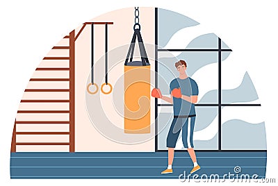 Male boxer punching boxing bag in gym Cartoon Illustration