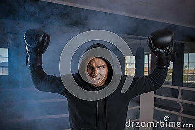 Male boxer in a sports ring raised two gloved hands above his head in a winning gesture Stock Photo