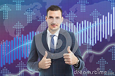 Broker showing double thumbs up as rise in stock market graph Stock Photo