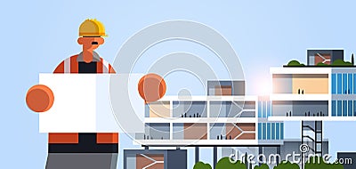 Male builder architect holding blueprint workman engineer with empty placard board industrial worker in uniform building Vector Illustration