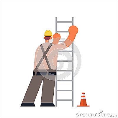Male builder climbing ladder busy workman industrial construction worker in uniform building concept rear view flat full Vector Illustration
