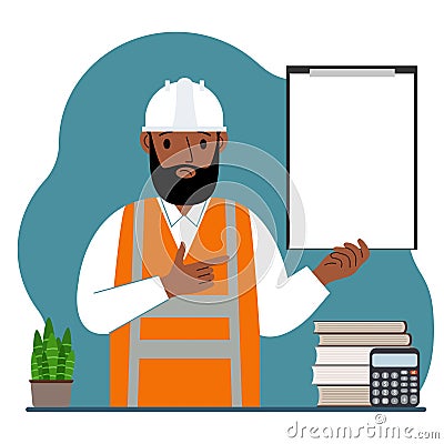 Male builder in a protective helmet and an orange vest. A man holds a clipboard with white paper on which there is a Vector Illustration