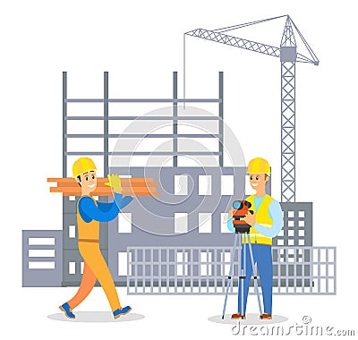 Male builder in uniform and hard hat communicating with man foreman on building construction Vector Illustration