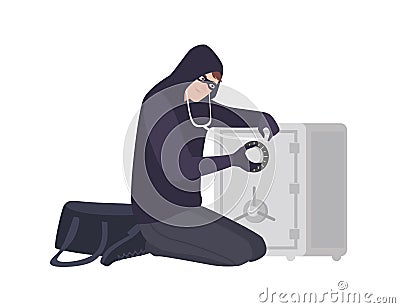 Male burglar wearing mask and hoodie using stethoscope to open safe or strongbox. Theft, burglary or housebreaking Vector Illustration
