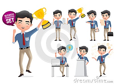 Male business award vector characters set. Business man character standing and happy holding golden cup trophy award. Vector Illustration