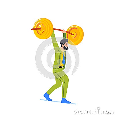 Male Business Character Lift Heavy Golden Barbell With Conviction, Demonstrating Financial Discipline Vector Illustration