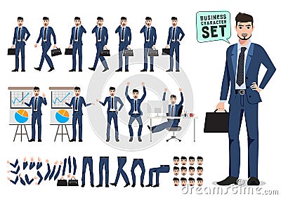 Male business character vector set. Business man cartoon character creation set Vector Illustration