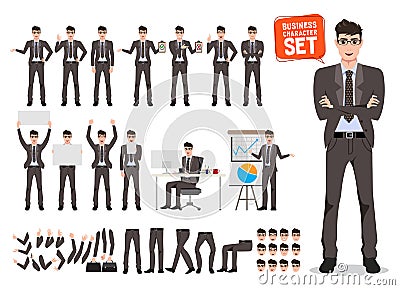 Male business character vector set. Cartoon character creation of business man standing Vector Illustration