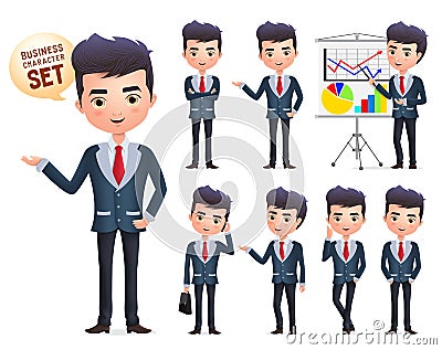 Male business vector character set. Businessman professional characters set happy talking and standing. Vector Illustration