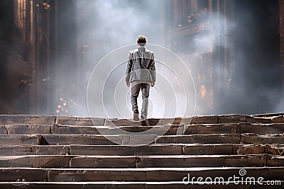 A male businessman climbs a stone staircase into Outer Space Stock Photo