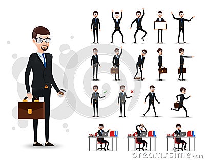 Male Businessman 2D Character Ready to Use Set with Beard, Wearing Suit Vector Illustration