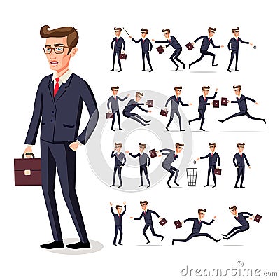 Male businessman in dark suit and red tie at work in various poses isolated on white background vector art Vector Illustration