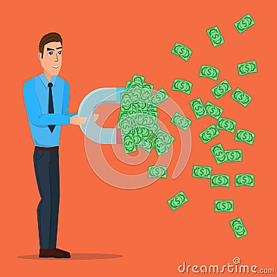 Male businessman getting money with a large magnet concept. Vector Illustration