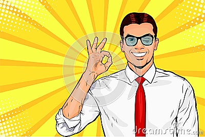 Male businessman in glasses winks and shows okay or OK gesture. Pop art retro vector illustration Vector Illustration