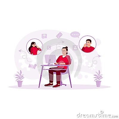 A male businessman makes an online call with a coworker via computer. Customer Support concept. Vector Illustration