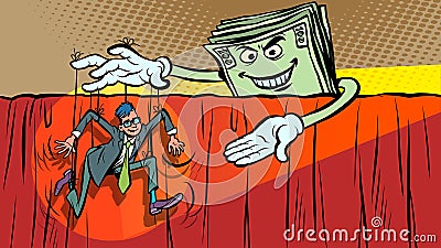 male businessman puppet on ropes, money dollars control and management, boss and subordinate office clerk Vector Illustration