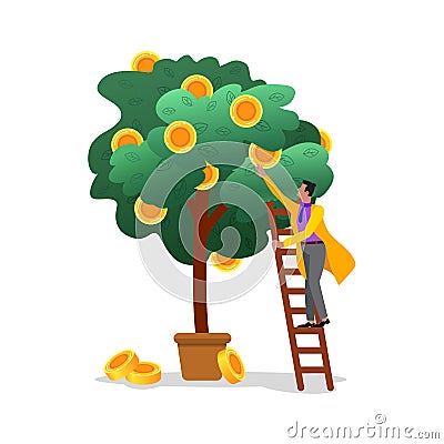 A male businessman stands on the stairs and collects a crop of gold coins from a tree. Business and finance. Cartoon flat style. Vector Illustration