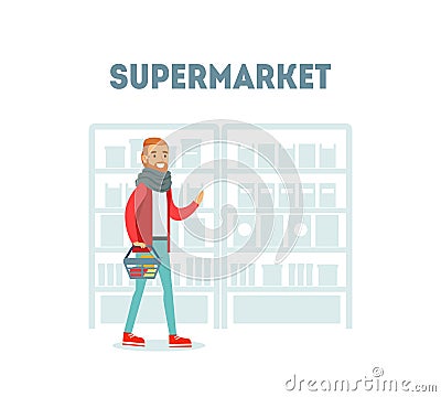 Male Buyer Shopping at Supermarket with Basket, Daily Grocery Purchase Vector Illustration Vector Illustration