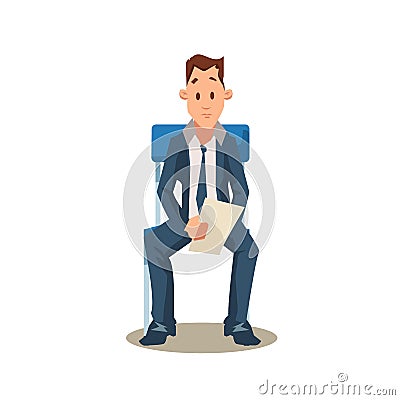 Male Candidate Sit on Chair before Job Interview Stock Photo