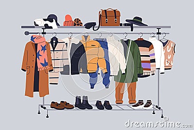 Male capsule wardrobe on racks. Men fashion clothes and accessories on hanger rail. Fall, winter garments, footwear and Vector Illustration